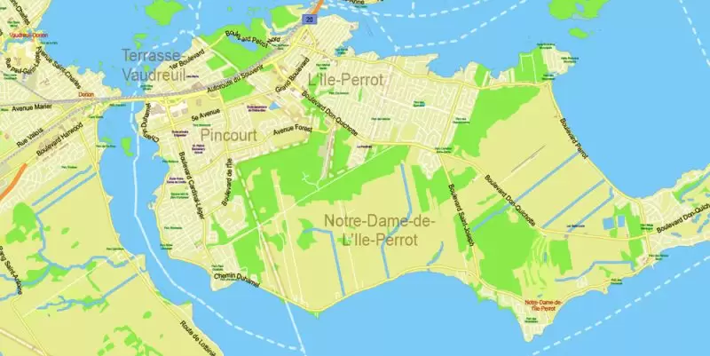 Montreal Canada Maps South-West Part exact vector editable City Plan 100 and 2000 meters scale 2 map in 1 archive Adobe Illustrator