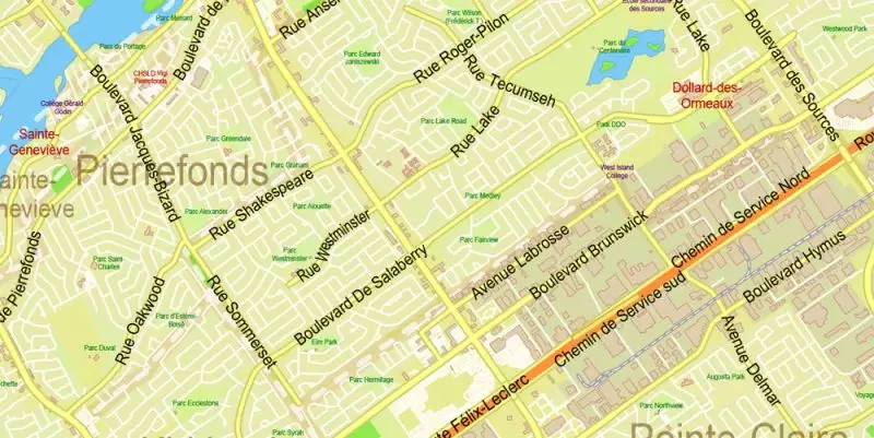 Montreal Canada Maps South-West Part exact vector editable City Plan 100 and 2000 meters scale 2 map in 1 archive Adobe Illustrator