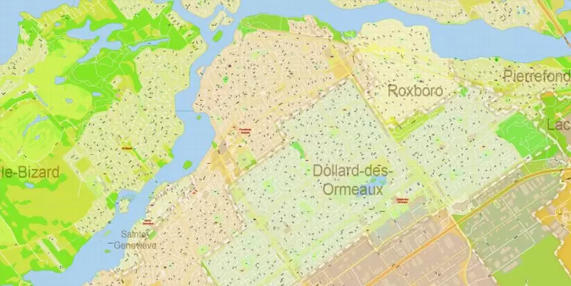 Montreal Canada Maps South-West Part exact vector editable City Plan 100 and 2000 meters scale 2 map in 1 archive Adobe Illustrator