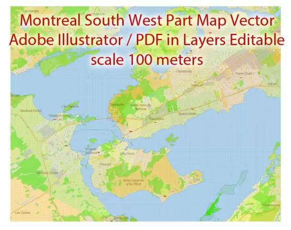 Montreal Canada Maps South-West Part exact vector editable City Plan 100 and 2000 meters scale 2 map in 1 archive  Adobe Illustrator