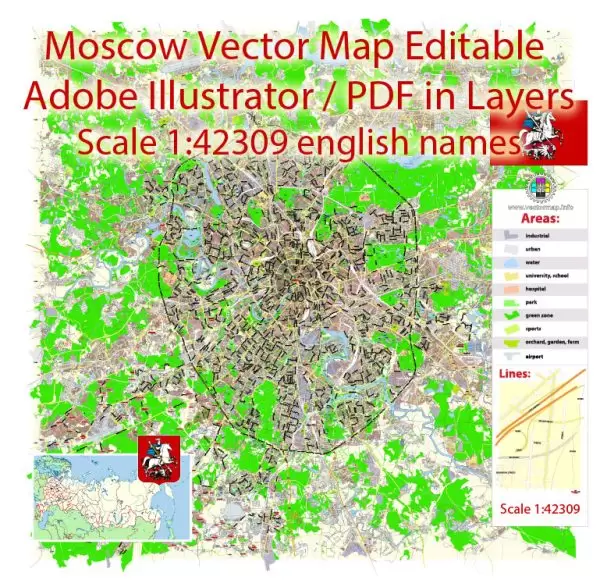Moscow Map Vector Russia English Names City Plan Low Detailed editable Adobe Illustrator Street Map in layers