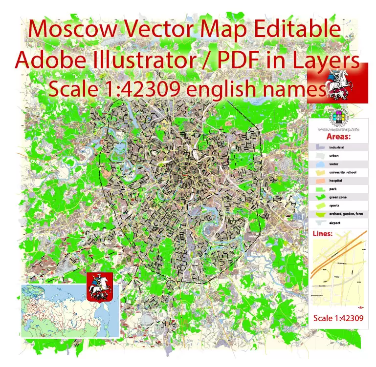 Moscow Map Vector Russia English Names City Plan Low Detailed editable Adobe Illustrator Street Map in layers