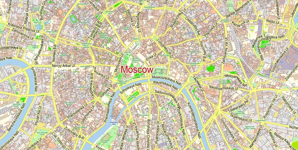 Moscow Map Vector Russia English Names City Plan Low Detailed editable Adobe Illustrator Street Map in layers