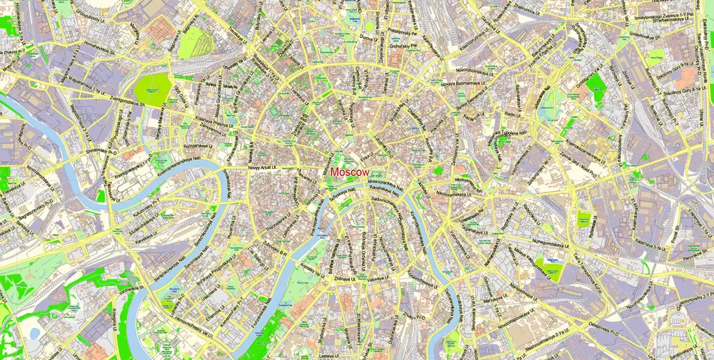 Moscow Map Vector Russia English Names City Plan Low Detailed editable Adobe Illustrator Street Map in layers