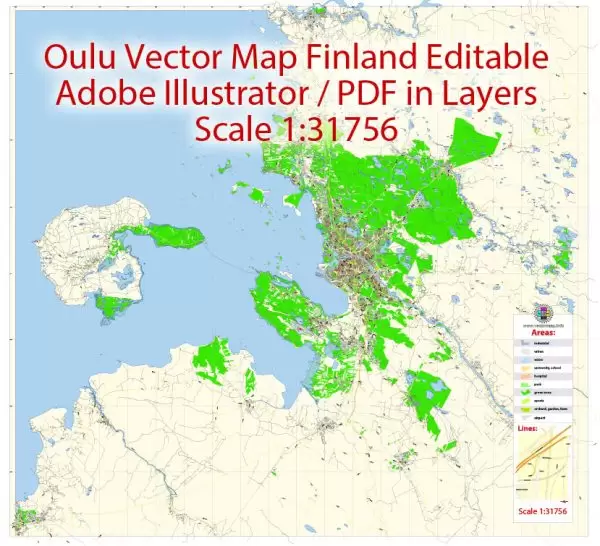 Oulu Map Vector Finland Low detailed City Plan editable Layered Adobe Illustrator Street Map