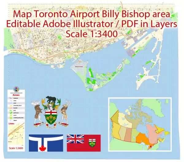 Toronto Billy Bishop City Airport Area Map Vector Canada Extra Detailed Plan Adobe Illustrator Street Map in Layers