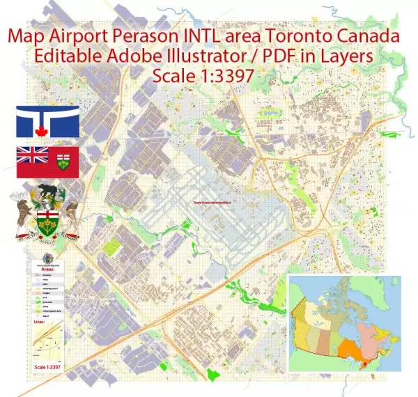 Toronto Pearson International Airport Area Map Vector Canada Extra Detailed Plan Adobe Illustrator Street Map in Layers