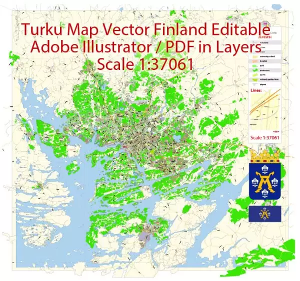 Turku Map Vector Finland Low detailed City Plan editable Layered Adobe Illustrator Street Map