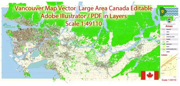 Printable Vector Map Vancouver large long area British Columbia, Canada, exact vector in layers scale 1:49110, full editable, Adobe Illustrator