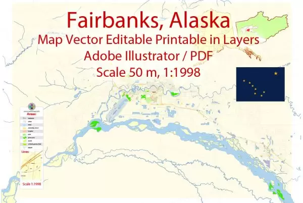 Fairbanks Vector Map large area AK US Extra detailed City Plan editable Adobe Illustrator Street Map in layers