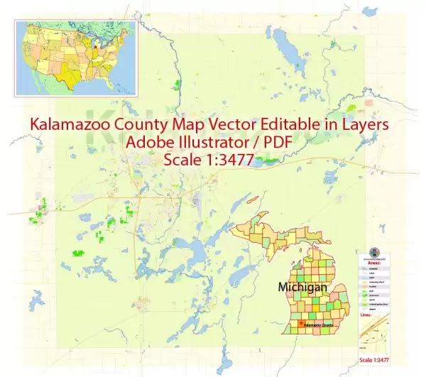 Printable Vector Map of Kalamazoo County  Michigan US Extra detailed County Plan scale 1:3477 editable Adobe Illustrator Street Map in layers