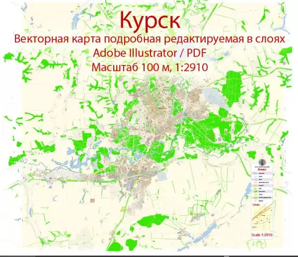 Курск векторная карта Россия подробная редактируемая в слоях, Adobe Illustrator