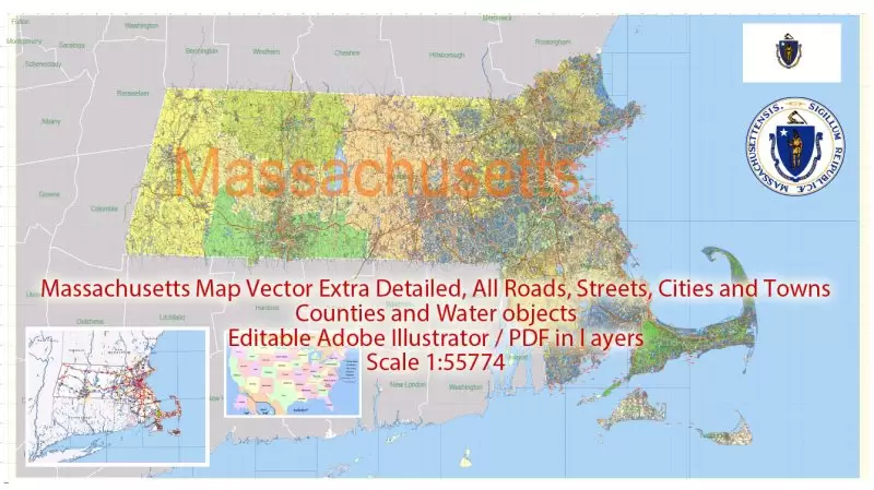 Printable Vector Map Massachusetts State US, exact extra detailed All Roads, Cities and Counties map editable Layered Adobe Illustrator