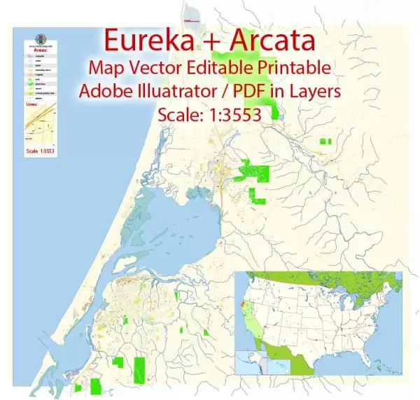 Arcata + Eureka Map Vector Exact City Plan California detailed Street Map Adobe Illustrator in layers