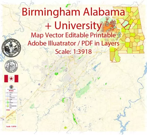 Birmingham Map Vector Exact City Plan + University of Alabama detailed Street Map Adobe Illustrator in layers