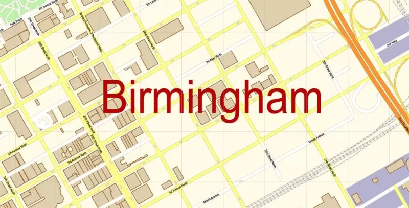 Birmingham Map Vector Exact City Plan + University of Alabama detailed Street Map Adobe Illustrator in layers