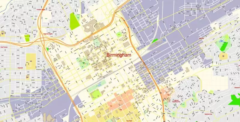 Birmingham Map Vector Exact City Plan + University of Alabama detailed Street Map Adobe Illustrator in layers