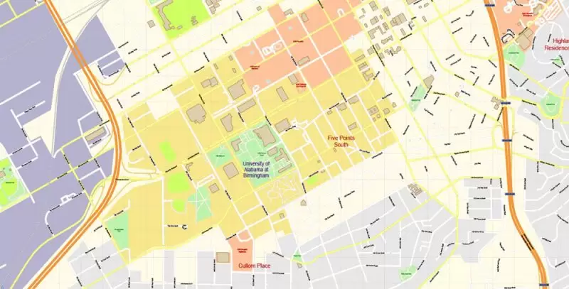 Birmingham Map Vector Exact City Plan + University of Alabama detailed Street Map Adobe Illustrator in layers