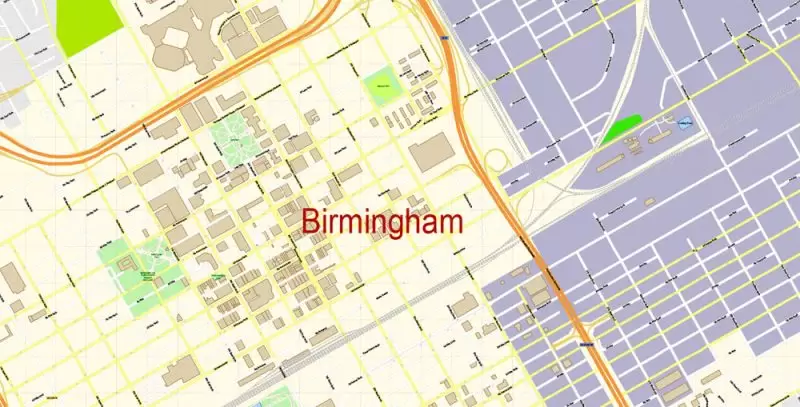 Birmingham Map Vector Exact City Plan + University of Alabama detailed Street Map Adobe Illustrator in layers