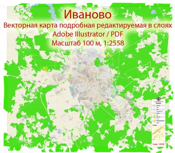 Иваново векторная карта города подробная редактируемая в слоях Adobe Illustrator