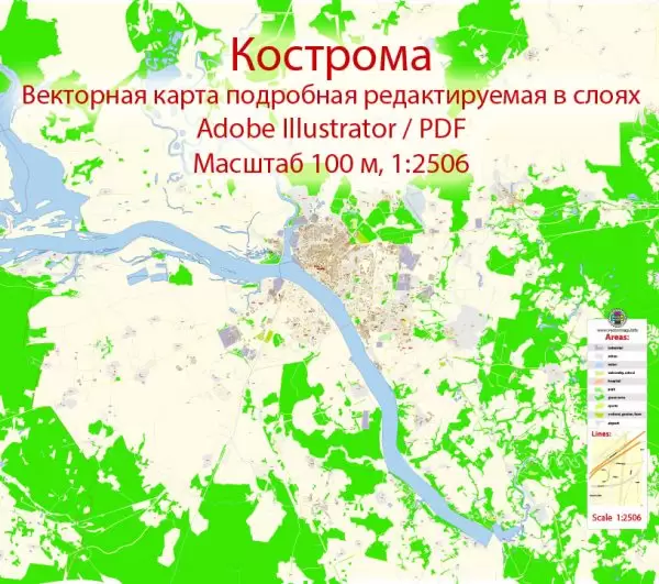 Кострома векторная карта подробная редактируемая в слоях Adobe Illustrator