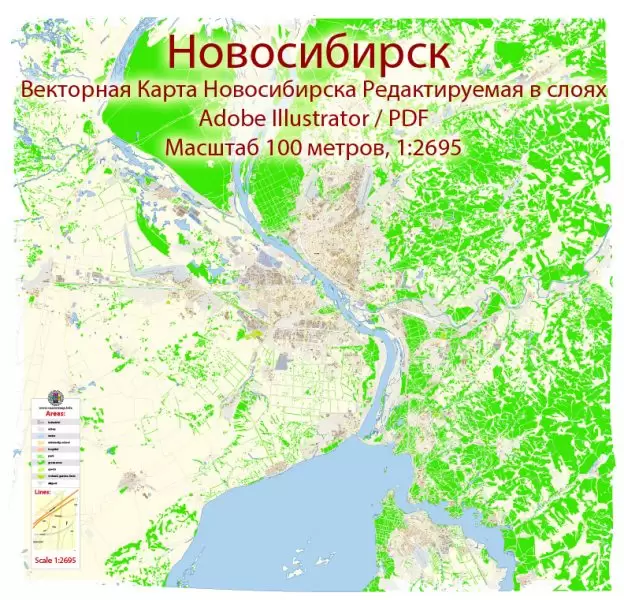 Новосибирск векторная карта подробная редактируемая в слоях Adobe Illustrator