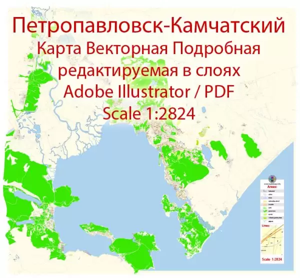 Петропавловск Камчатский векторная карта подробная редактируемая в слоях Adobe Illustrator