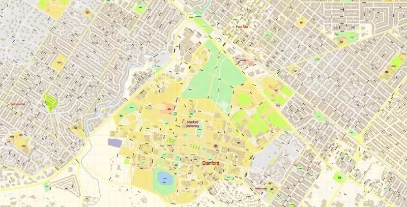 Stanford University Map Vector CA US Extra Detailed Street Road Map editable Adobe Illustrator in layers
