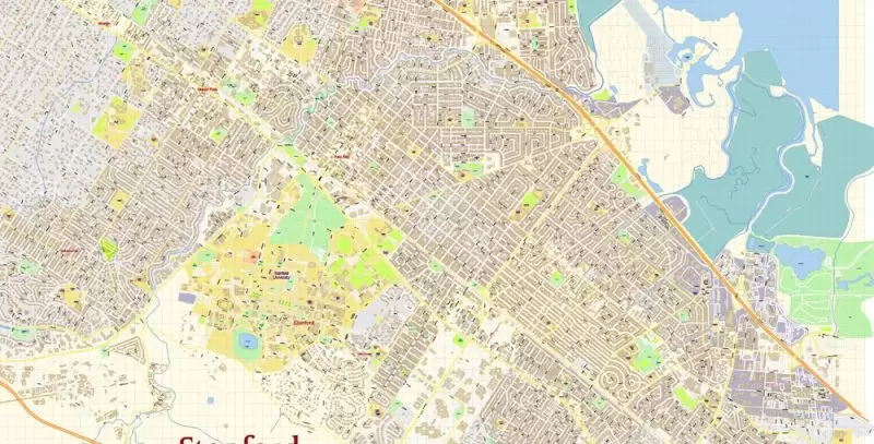 Stanford University Map Vector CA US Extra Detailed Street Road Map editable Adobe Illustrator in layers