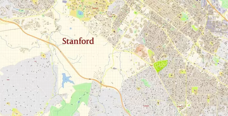 Stanford University Map Vector CA US Extra Detailed Street Road Map editable Adobe Illustrator in layers