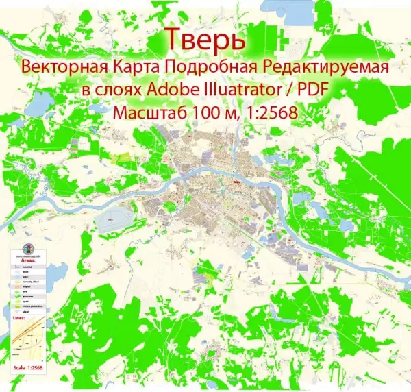 Тверь векторная карта города подробная редактируемая в слоях Adobe Illustrator