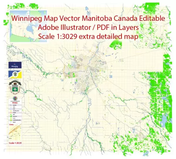 Winnipeg Map Vector Canada Exact City Plan detailed Road Map Adobe Illustrator in layers