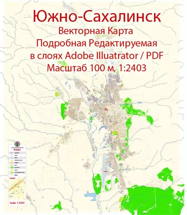Южно-Сахалинск векторная карта города подробная редактируемая в слоях Adobe Illustrator