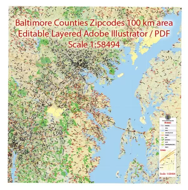 Baltimore counties Map Vector Exact City Plan detailed Street + Zipcodes Map Adobe Illustrator in layers