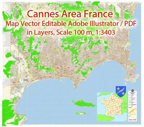 Cannes Area Map Vector France Exact City Plan detailed Street Map Adobe Illustrator in layers