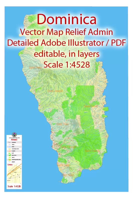 Dominica Vector Map Extra detailed Plan full editable DWG + DXF Admin Relief Street Map in layers