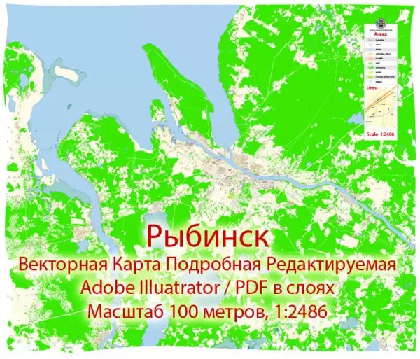 Рыбинск векторная карта города подробная редактируемая в слоях Adobe Illustrator