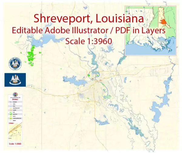 Shreveport + Bossier Map Vector Exact City Plan detailed Street Map Adobe Illustrator in layers