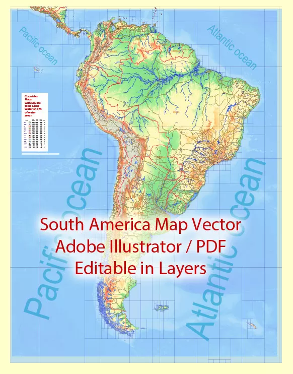 South America Vector Mercator Prj. Map Topo Relief 01 Main Roads Cities States editable Adobe Illustrator Printable
