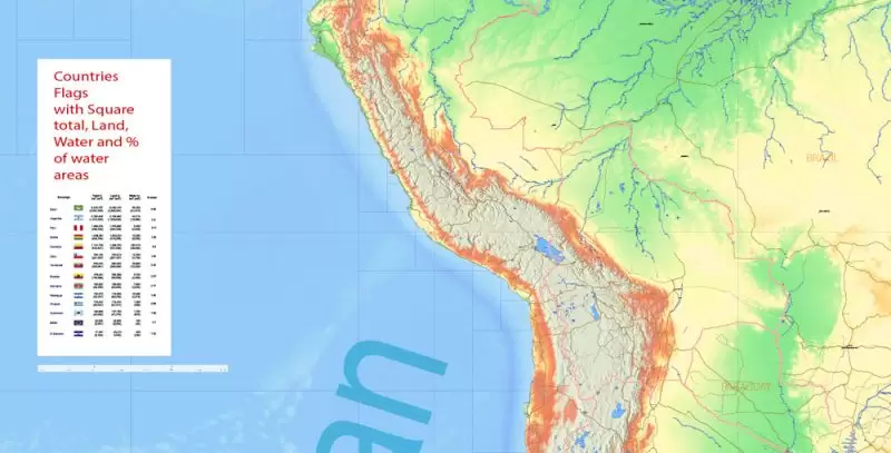 South America Vector Mercator Prj. Map Topo Relief 01 Main Roads Cities States editable Adobe Illustrator Printable