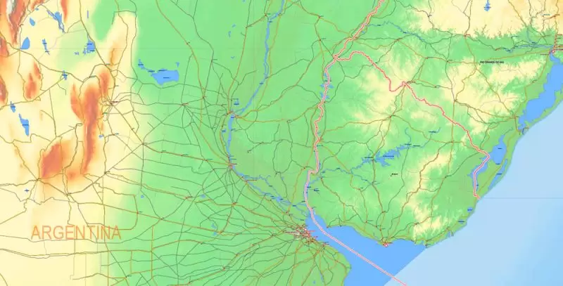 South America Vector Mercator Prj. Map Topo Relief 01 Main Roads Cities States editable Adobe Illustrator Printable
