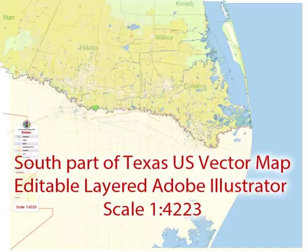 Brownsville, Harlingen, McAllen, Edinburg TX; Reynosa, Matamoros MX Map Vector Exact City Plan detailed Street Map Adobe Illustrator in layers
