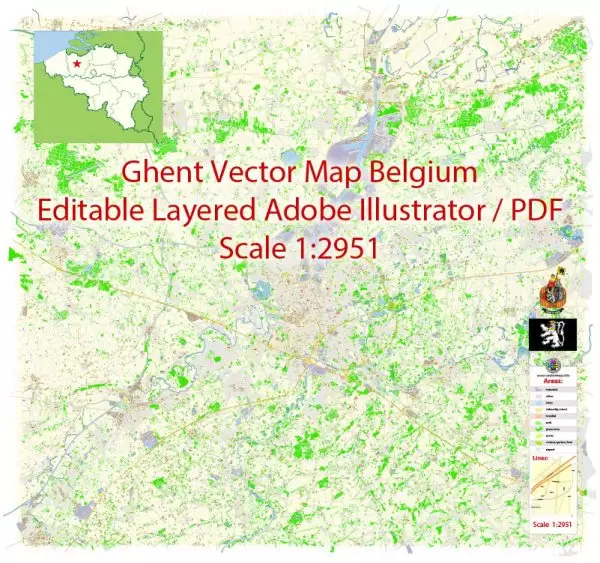 Ghent Belgium Map Vector Exact City Plan detailed Street Map Adobe Illustrator in layers