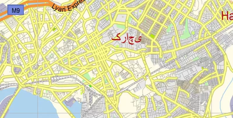 Karachi Map Vector Pakistan 1:136113 low detailed City Plan editable Adobe Illustrator Street Map in layers for small print size