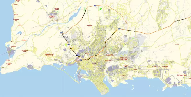 Karachi Map Vector Pakistan 1:136113 low detailed City Plan editable Adobe Illustrator Street Map in layers for small print size