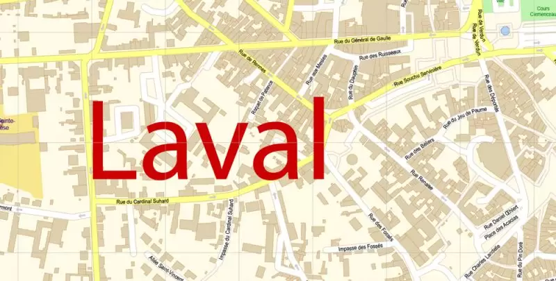 Laval Mayenne Map Vector Exact City Plan detailed Street Map Adobe Illustrator in layers