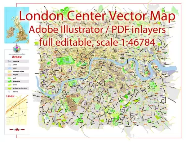 London Center Map Vector UK Exact City Plan low detailed Street Map Adobe Illustrator in layers