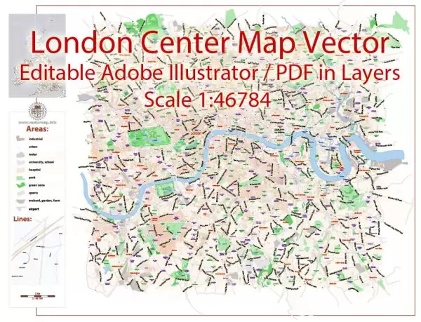 London Center Map Vector UK Exact City Plan Street Map Rose Adobe Illustrator in layers