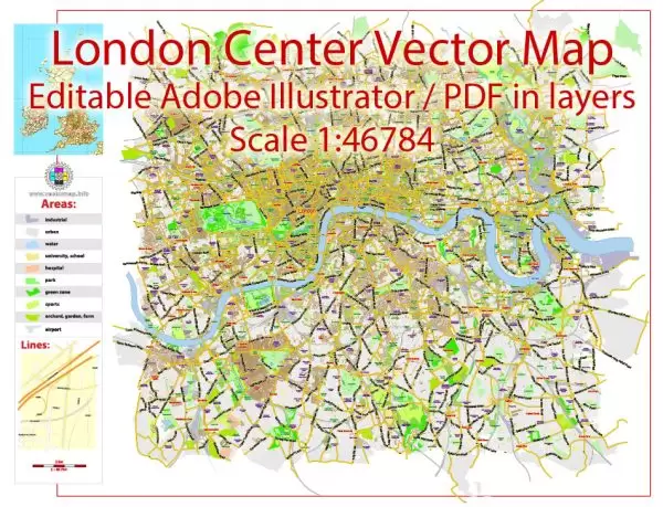 London Center Map Vector UK Exact City Plan Street Map Green Adobe Illustrator in layers