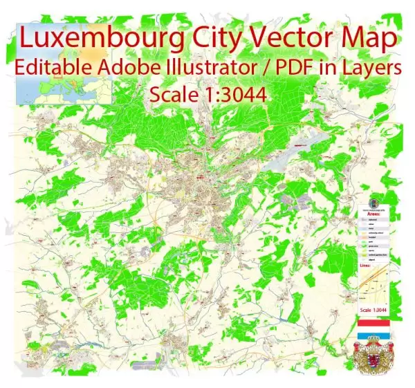 Luxembourg Map Vector Exact City Plan detailed Street Map Adobe Illustrator in layers
